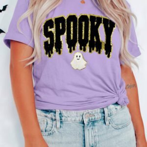 Wisteria Short Sleeve Round Neck Spooky Ghost Letter Print Casual T-Shirt