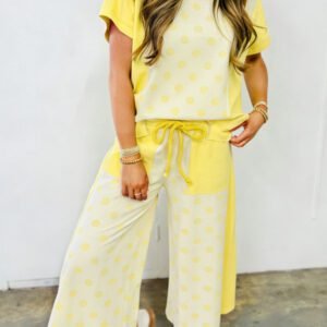 Yellow Color Block Patchwork Polka Dot Wide Leg Pant Set