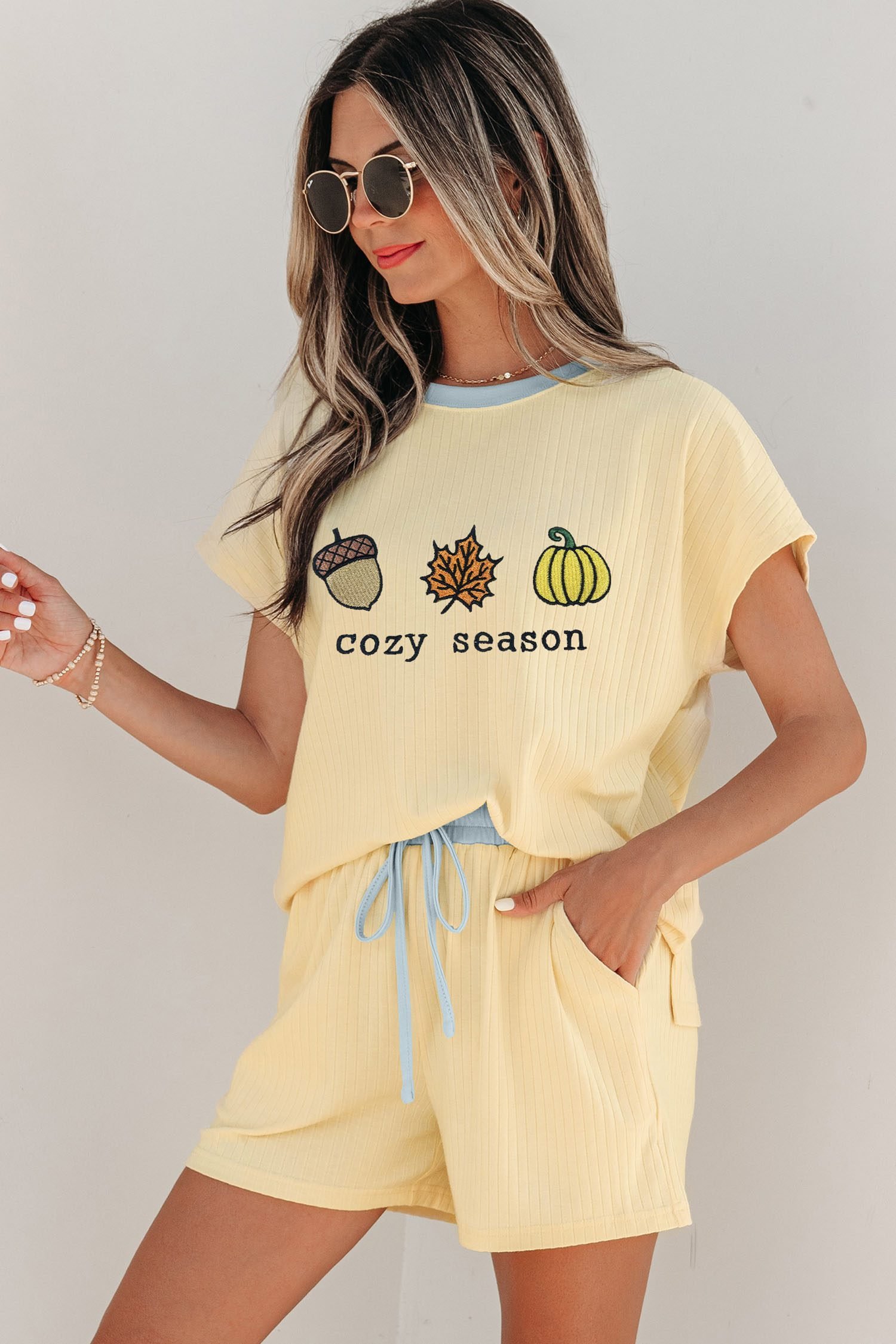 Yellow Cream Cozy Season Embroidered Graphic Relaxed Two-Piece Short Set