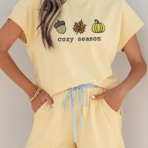Yellow Cream Cozy Season Embroidered Graphic Relaxed Two-Piece Short Set