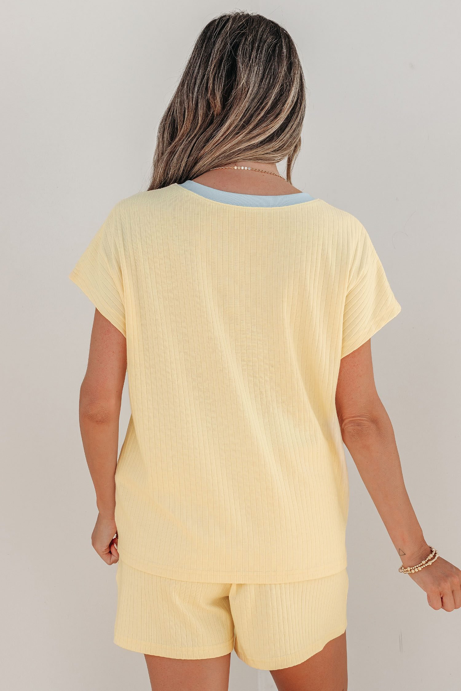 Yellow Cream Cozy Season Embroidered Graphic Relaxed Two-Piece Short Set