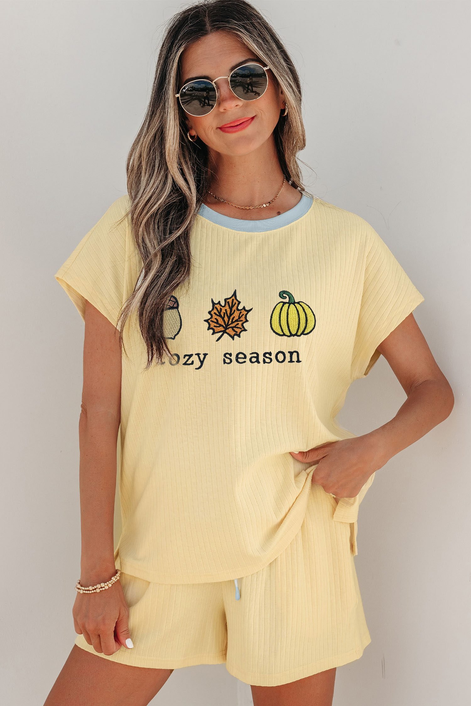 Yellow Cream Cozy Season Embroidered Graphic Relaxed Two-Piece Short Set