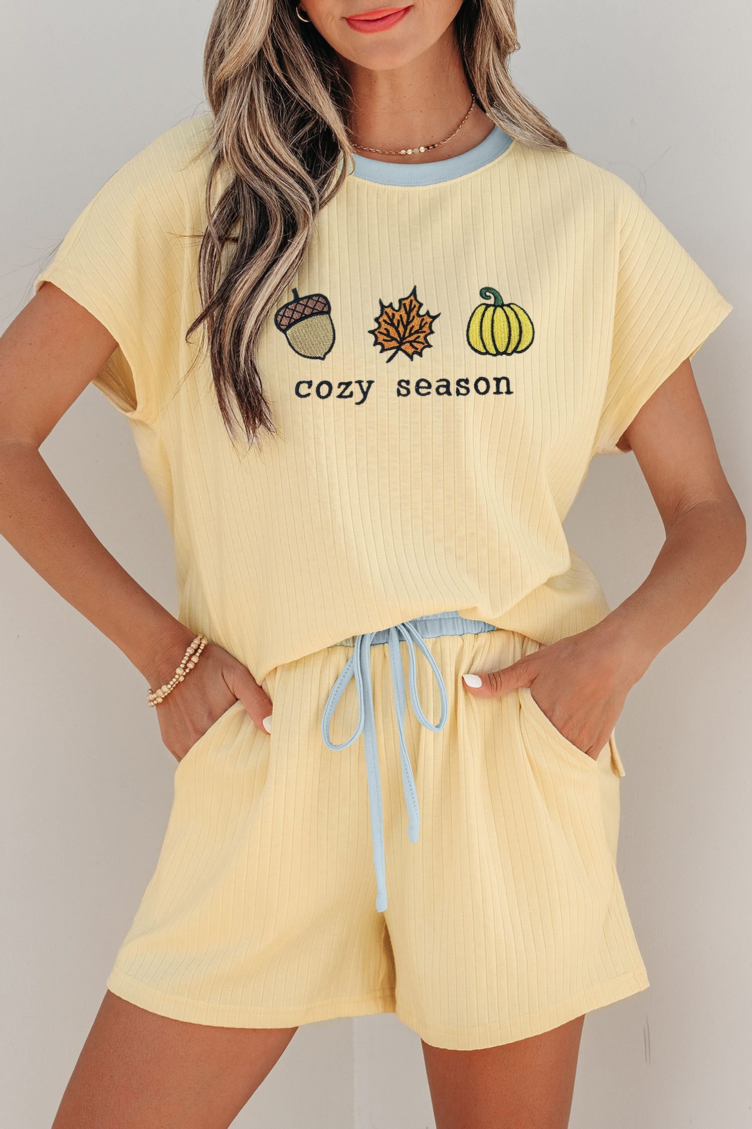 Yellow Cream Cozy Season Embroidered Graphic Relaxed Two-Piece Short Set