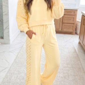 Yellow Cream Eyelet Embroidered Lace Patchwork Cropped Pullover Drawstring Pants Set