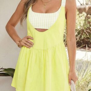 Yellow Cream Faux Two Piece Gingham Contrast Patchwork Loose Mini Dress