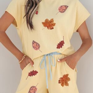 Yellow Cream Ribbed Color Block Trim Sequin Leaf Graphic Short 2pcs Set