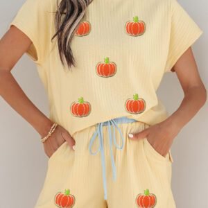 Yellow Cream Soft Ribbed Pumpkin Patch Graphic Relaxed 2pcs Short Set
