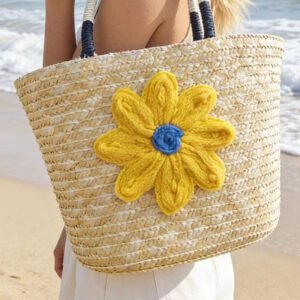 Yellow Crochet Flower Detail Boho Beach Straw Woven Handbag