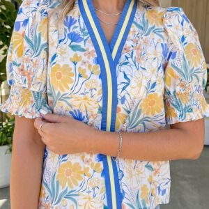 Yellow Floral Print Striped Trim V Neck Puff Sleeve Blouse