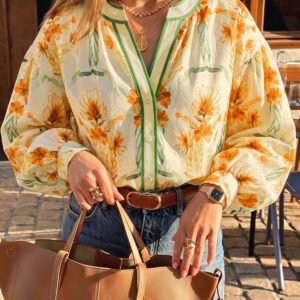 Yellow Floral Print V Neck Long Sleeve Shirt