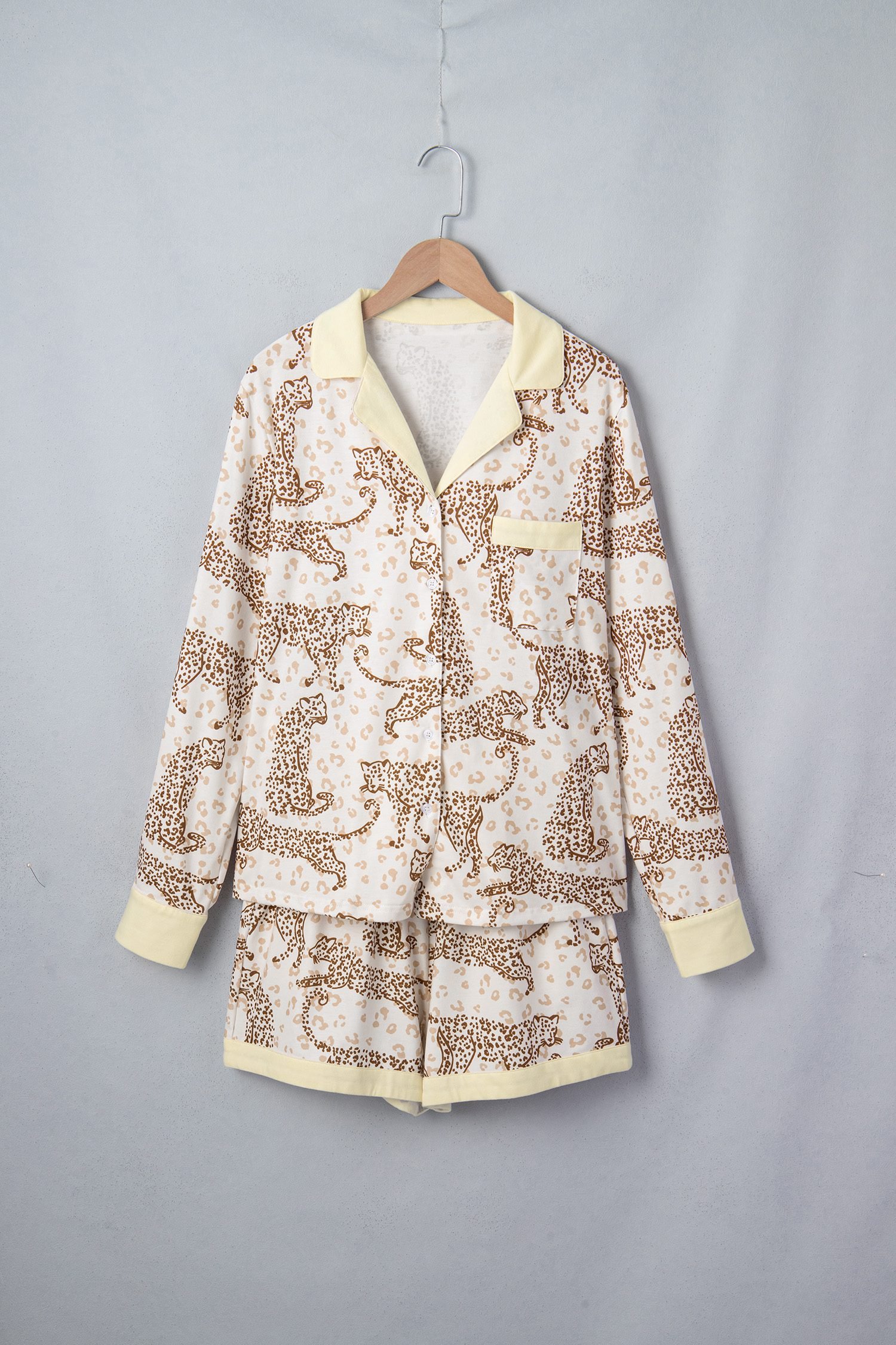 Yellow Leopard Print Colorblock Pocket Placket Long Sleeve Lounge Set