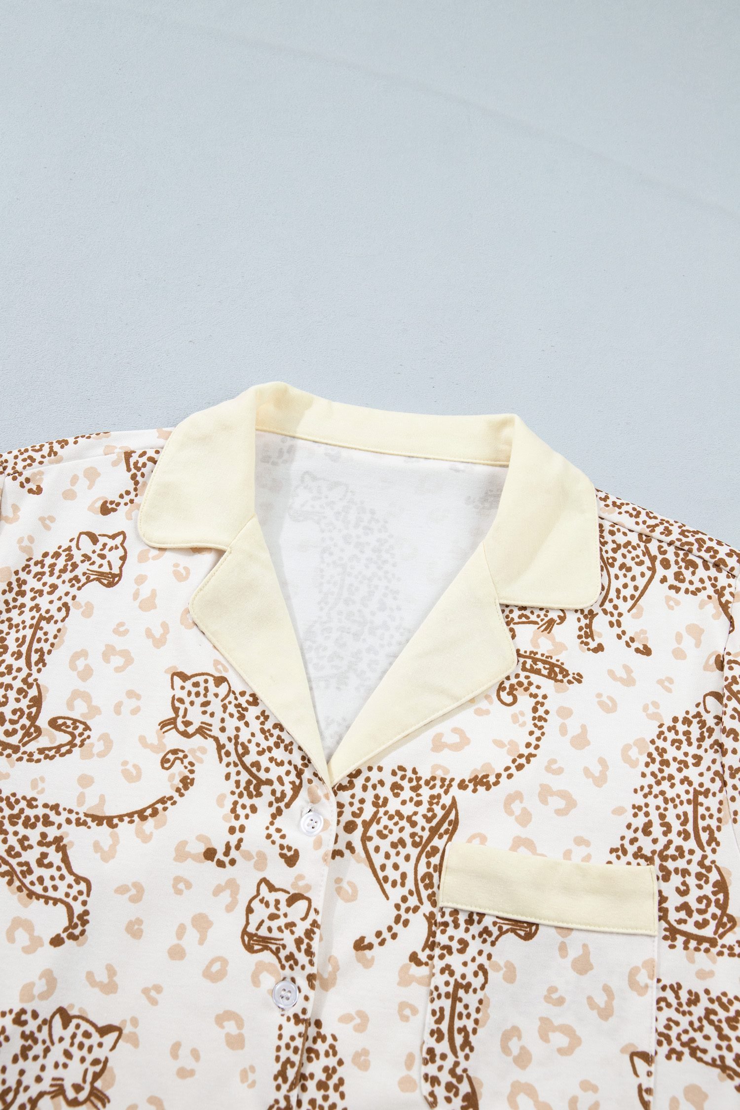 Yellow Leopard Print Colorblock Pocket Placket Long Sleeve Lounge Set