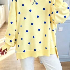 Yellow Polka Dot Loose Long Sleeve Split Hem Pullover Top