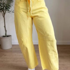 Yellow Solid Color Grommet Detail Knot Waist Barrel Jeans