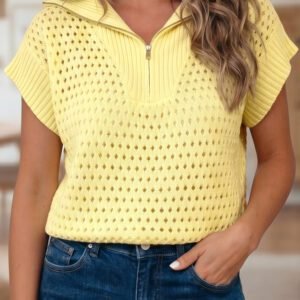 Yellow Solid Color Hollowed Knit Short Sleeve Zipper Collar Knitwear Top