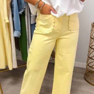 Yellow Solid Color Scalloped Patch Pocket Shift Jeans