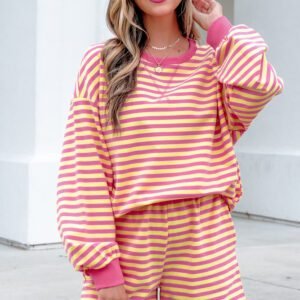 Yellow Stripe Color Block Trim Round Neck Long Sleeve Top Casual Shorts 2pcs Set
