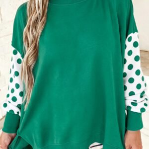 Green Polka Dot Patchwork Sleeve Crew Neck Loose Pullover Sweatshirt