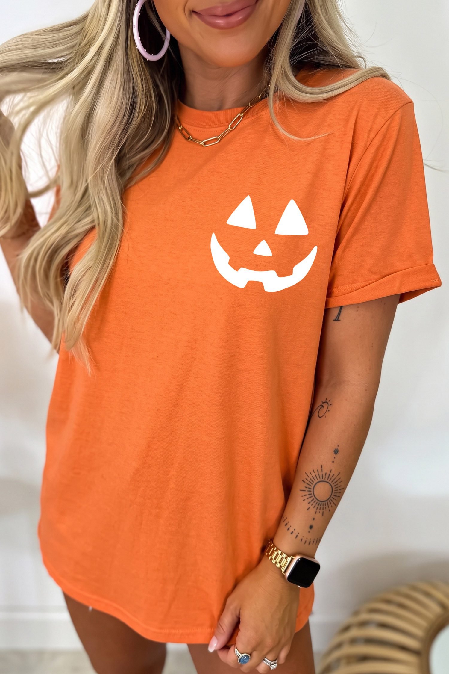 Orange Halloween Pumpkin Face Graphic T Shirt