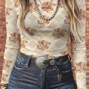 Apricot Floral Print Slim Fit Mesh Long Sleeve Mock Neck Top