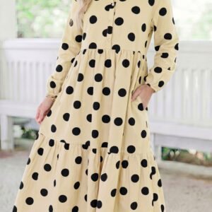 Apricot Polka Dot Button Front Long Sleeve Shift Dress