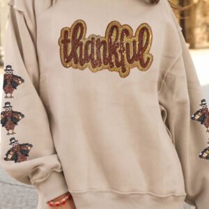 Apricot Sequin Thankful Graphic Exposed Seam Mock Neck Turkey Sleeve Pullover Sweatshirt