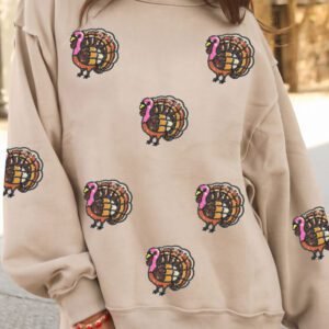 Apricot Sequin Turkey Exposed Mock Neck Baggy Pullover Sweatshirt