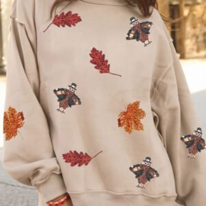 Apricot Sequin Turkey Leaf Graphic Exposed Seam Mock Neck Sweatshirt