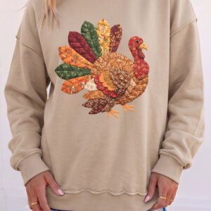 Apricot Thanksgiving Patchwork Turkey Graphic Mock Neck Sweatshirt