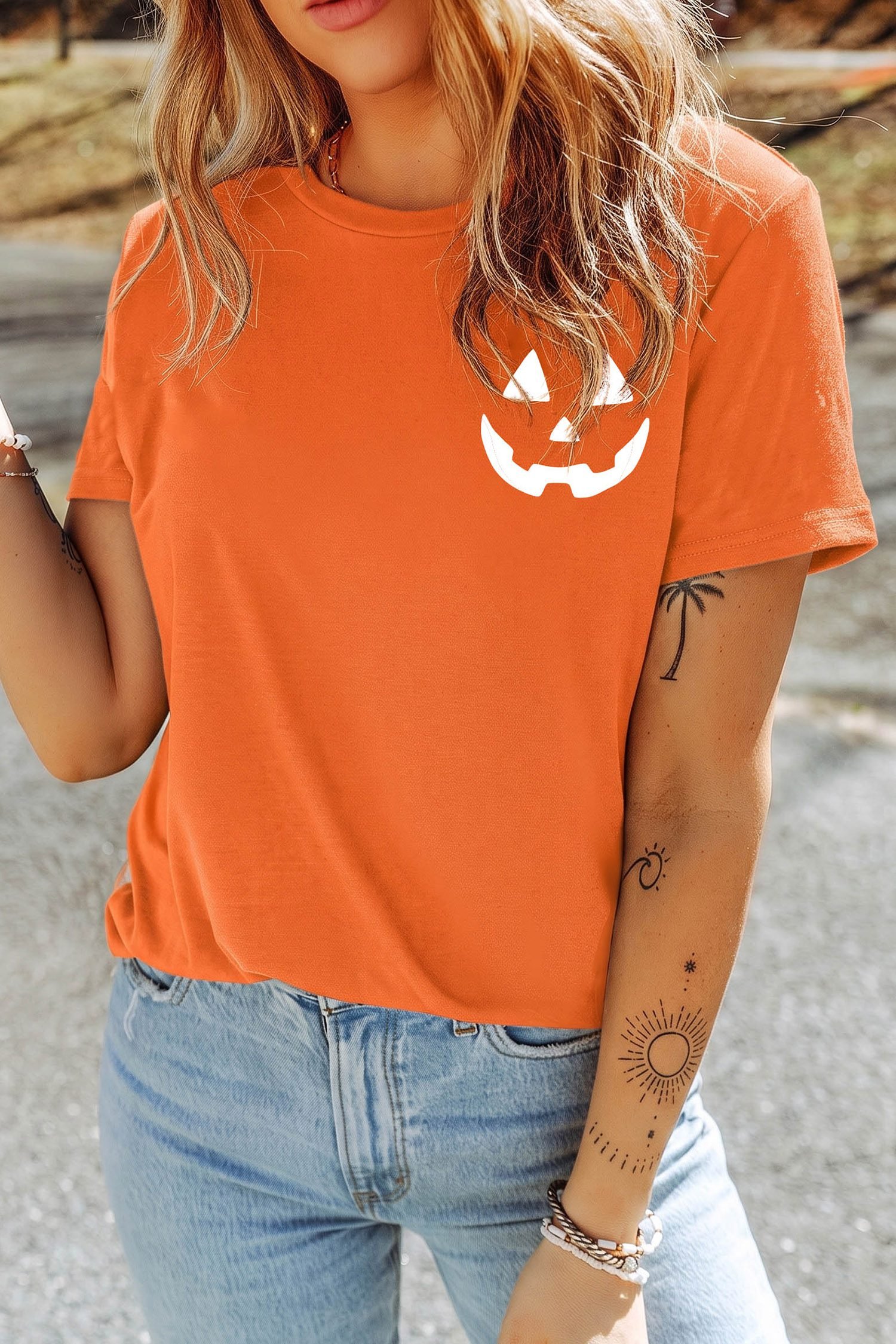 Orange Halloween Pumpkin Face Graphic T Shirt