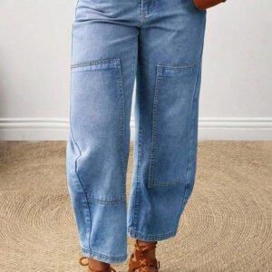 Beau Blue Decorative Seam Patchwork Detail Solid Color Jeans