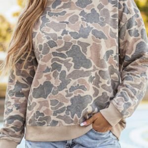 Beige Camouflage Print Ribbed Trim Mock Neck Long Sleeve Top