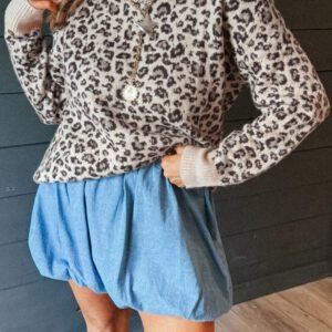 Beige Leopard Print Ribbed Color Block Trim Pullover Sweater