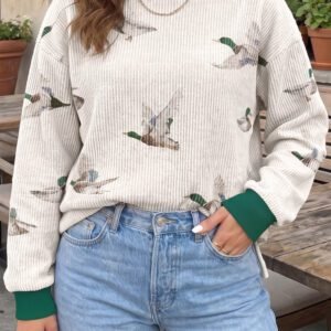 Beige Mallard Duck Print Plus Size Twisted Ribbed Top