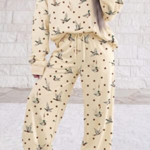 Beige Polka Dot Mallard Print Crewneck Pullover Two Piece Pants Set
