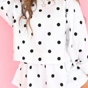 Beige Polka Dot Raw Hem Relaxed Pullover Loose Skort Two Piece Set