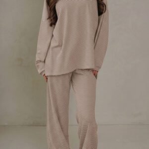 Beige Stripe Contrast Trim Round Neck Oversize Long Sleeve Top 2pcs Pant Set