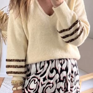 Beige V Neck Leopard Striped Detail Long Sleeve Casual Sweater