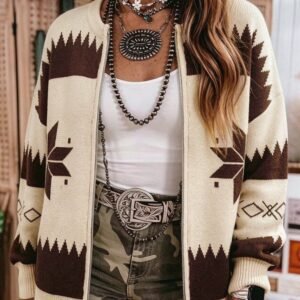 Beige Western Geometric Print Zip Front Loose Sweater Cardigan