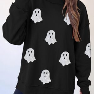 Black Ghost Print Mock Neck Tunic Pullover Sweatshirt