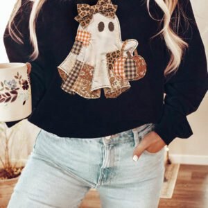 Black Halloween Patchwork Ghost Graphic Crewneck Pullover Sweatshirt