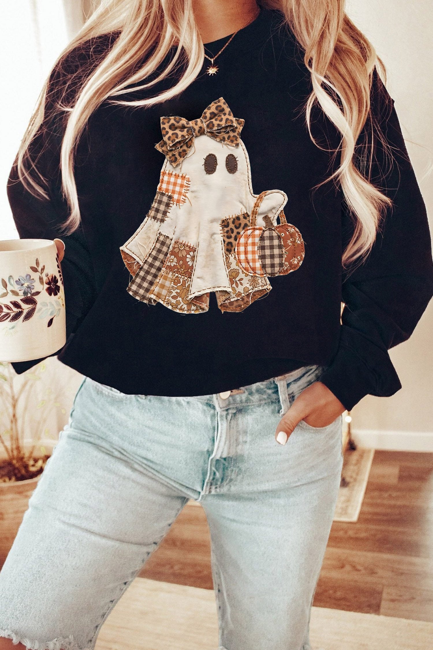 Black Halloween Patchwork Ghost Graphic Crewneck Pullover Sweatshirt