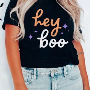 Black Hey Boo Slogan Halloween Round Neck Casual T Shirt