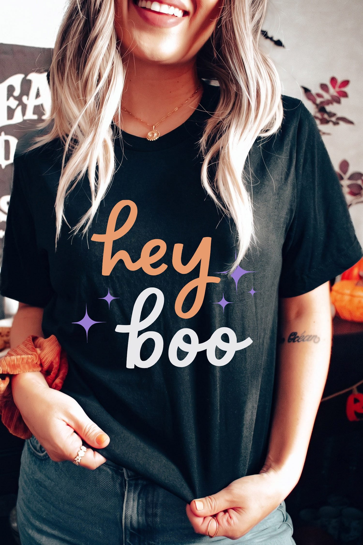 Black Hey Boo Slogan Halloween Round Neck Casual T Shirt