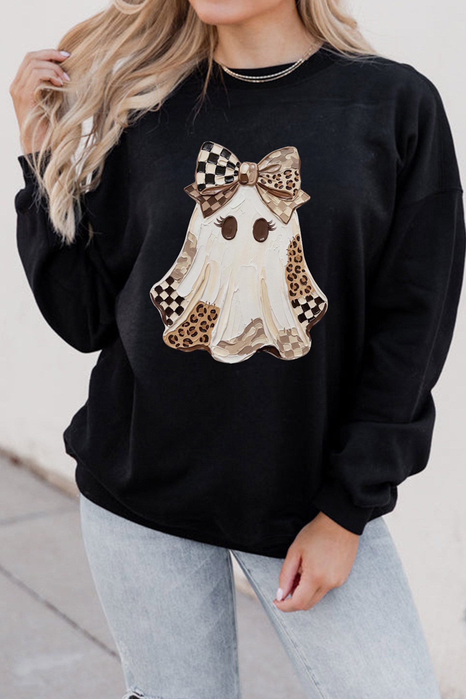 Black Leopard Checkered Ghost Print Drop Shoulder Pullover Sweatshirt