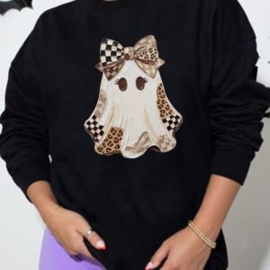 Black Leopard Checkered Ghost Print Drop Shoulder Pullover Sweatshirt