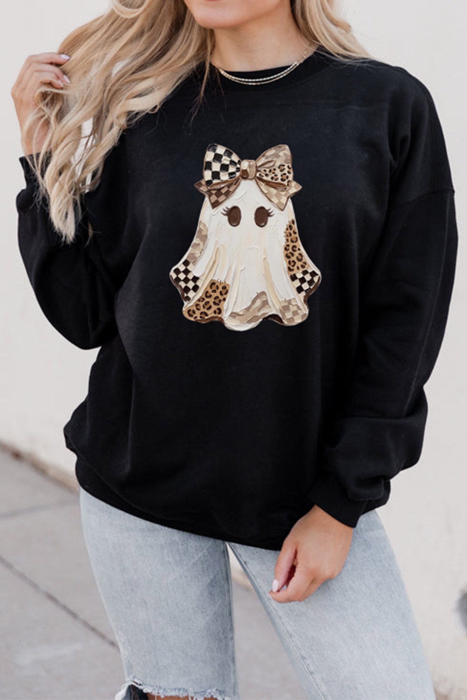 Black Leopard Checkered Ghost Print Drop Shoulder Pullover Sweatshirt