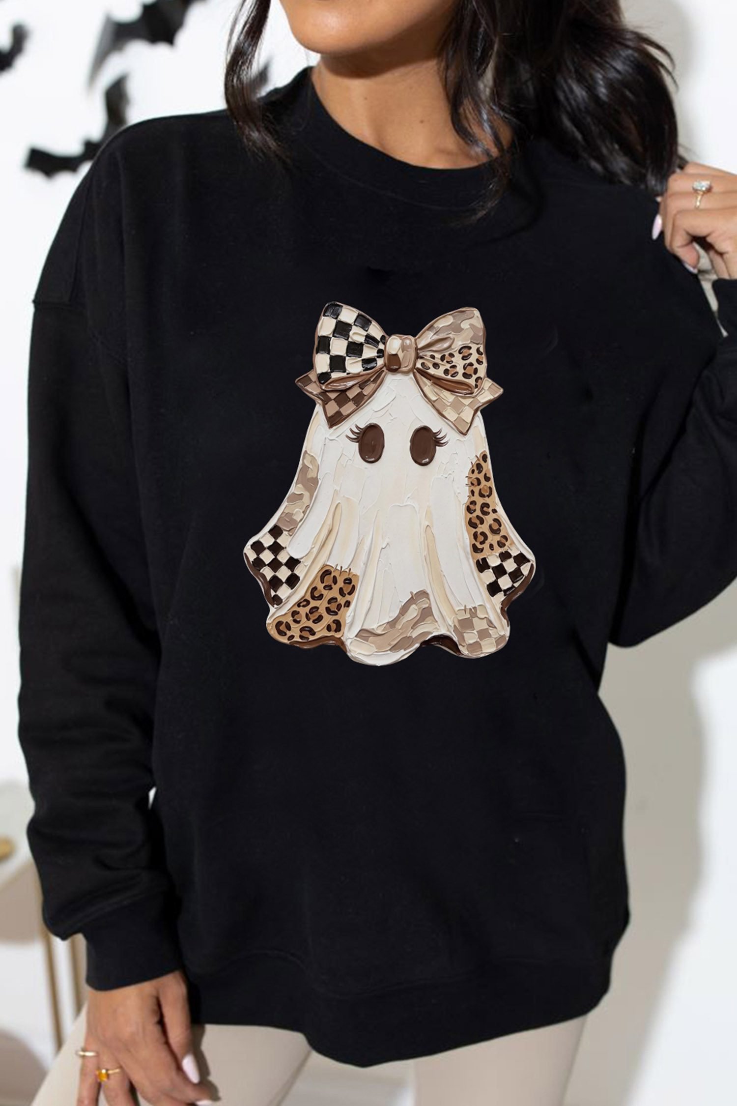 Black Leopard Checkered Ghost Print Drop Shoulder Pullover Sweatshirt