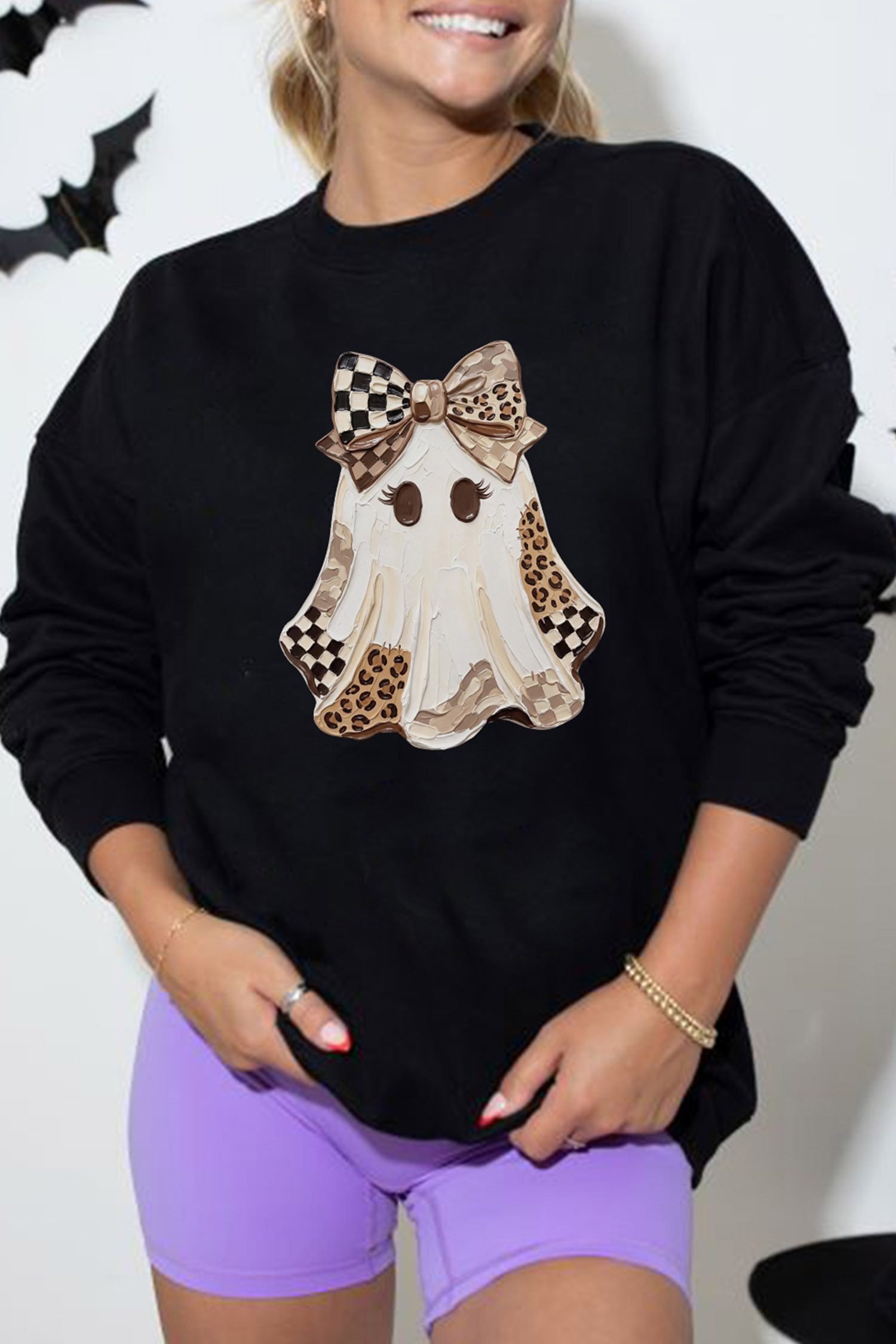 Black Leopard Checkered Ghost Print Drop Shoulder Pullover Sweatshirt
