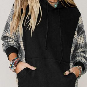 Black Plaid Sleeve Drawstring Pocket Hooded Sweatshirt